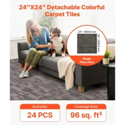 VEVOR Carpet Tiles Reusable 24x24 inch, 24 PCS Modular Carpet Square Rug, Commercial Floor Soft Padded for Seamless Cover 96sq.ft, Easy DIY for Living Room Bedroom Office Indoor,Dark Brown