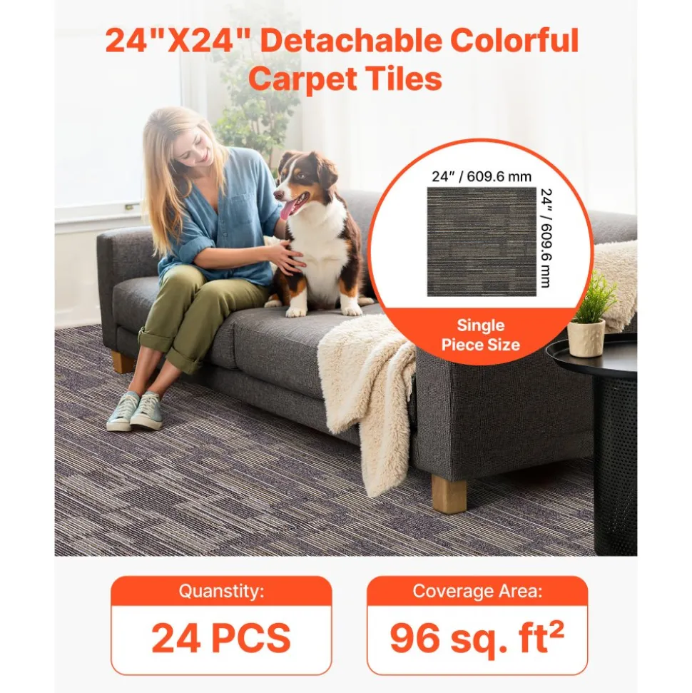 VEVOR Carpet Tiles Reusable 24x24 inch, 24 PCS Modular Carpet Square Rug, Commercial Floor Soft Padded for Seamless Cover 96sq.ft², Easy DIY for Living Room Bedroom Office Indoor,Gray & Brown