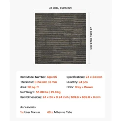 VEVOR Carpet Tiles Reusable 24x24 inch, 24 PCS Modular Carpet Square Rug, Commercial Floor Soft Padded for Seamless Cover 96sq.ft², Easy DIY for Living Room Bedroom Office Indoor,Gray & Brown