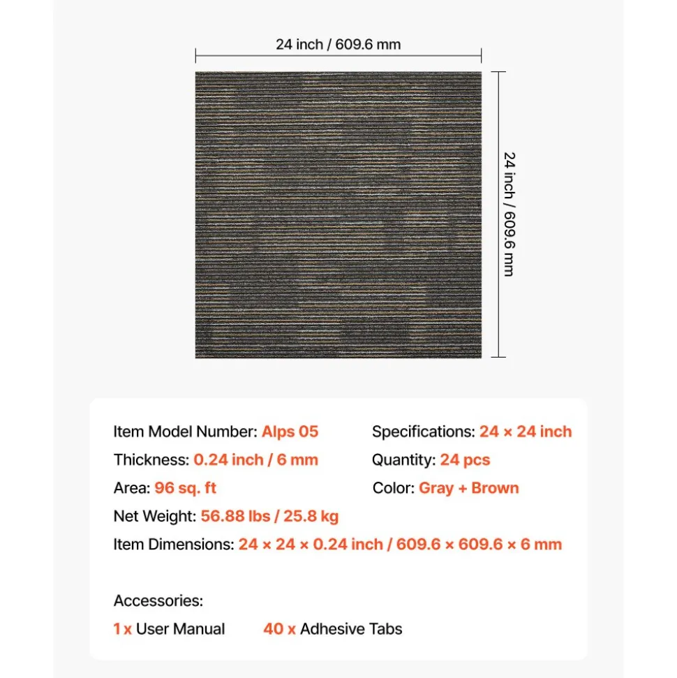 VEVOR Carpet Tiles Reusable 24x24 inch, 24 PCS Modular Carpet Square Rug, Commercial Floor Soft Padded for Seamless Cover 96sq.ft², Easy DIY for Living Room Bedroom Office Indoor,Gray & Brown