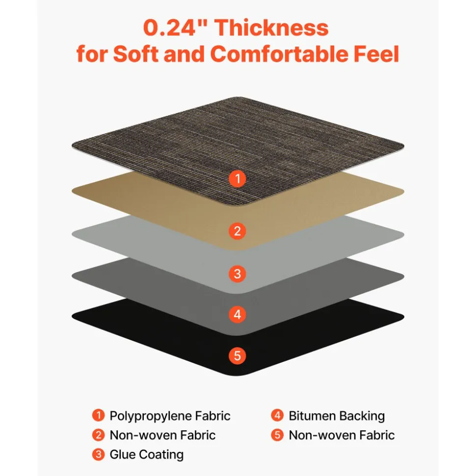 VEVOR Carpet Tiles Reusable 24x24 inch, 24 PCS Modular Carpet Square Rug, Commercial Floor Soft Padded for Seamless Cover 96sq.ft², Easy DIY for Living Room Bedroom Office Indoor,Gray & Brown