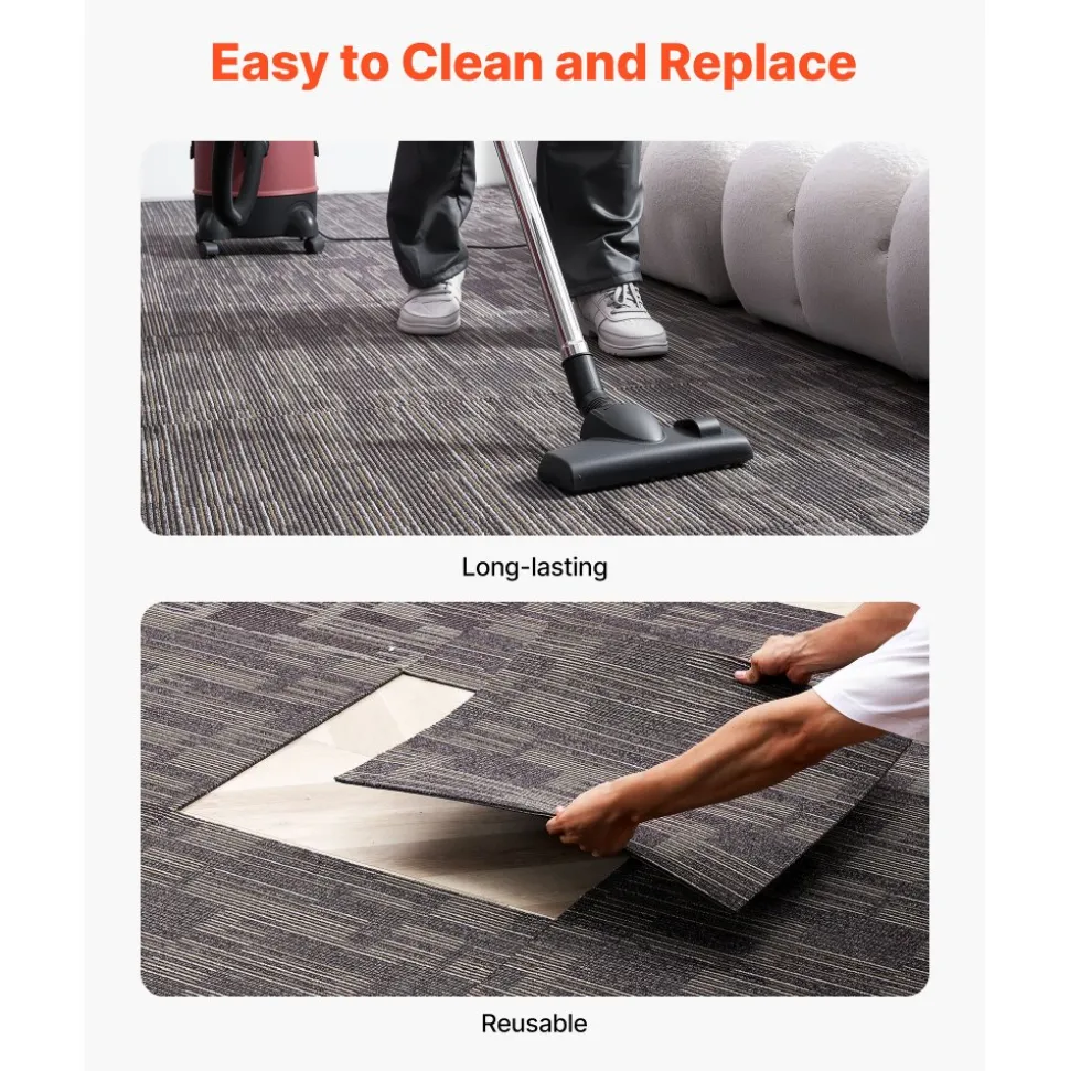 VEVOR Carpet Tiles Reusable 24x24 inch, 24 PCS Modular Carpet Square Rug, Commercial Floor Soft Padded for Seamless Cover 96sq.ft², Easy DIY for Living Room Bedroom Office Indoor,Gray & Brown