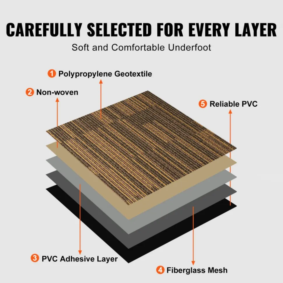 VEVOR Carpet Tiles Reusable, 20"x 20"Carpet Squares With Padding Attached, Soft Padded Carpet Tiles, Easy Install DIY for Bedroom Living Room (12Tiles, Mixed Brown)