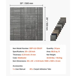 VEVOR Carpet Tiles Reusable 20x20 inch, 24 PCS Modular Carpet Square Rug, Commercial Floor Soft Padded for Seamless Cover 66.6sq.ft, Easy DIY Replacement for Living Room Bedroom Indoor,Multicolor