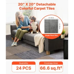 VEVOR Carpet Tiles Reusable 20x20 inch, 24 PCS Modular Carpet Square Rug, Commercial Floor Soft Padded for Seamless Cover 66.6sq.ft, Easy DIY Replacement for Living Room Bedroom Indoor,Multicolor