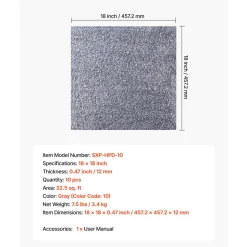 VEVOR Carpet Tiles 18x18 inch, 10 Pack Carpet Square Rug Detachable & Damage-free, Self Adhesive Home Floor Soft Plush Padded for 22.5sq.ft Coverage, Easy DIY for Living Room & Bedroom, Gray