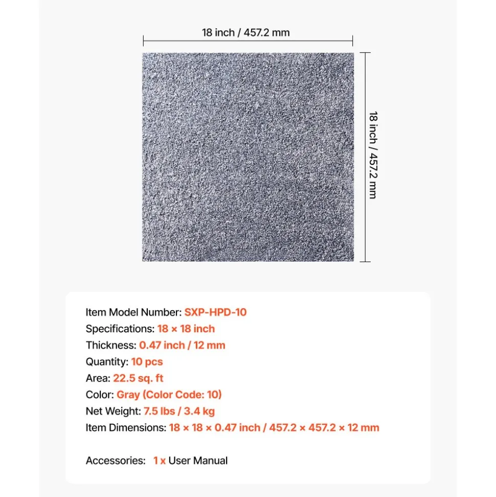 VEVOR Carpet Tiles 18x18 inch, 10 Pack Carpet Square Rug Detachable & Damage-free, Self Adhesive Home Floor Soft Plush Padded for 22.5sq.ft Coverage, Easy DIY for Living Room & Bedroom, Gray