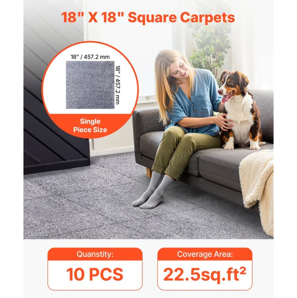 VEVOR Carpet Tiles 18x18 inch, 10 Pack Carpet Square Rug Detachable & Damage-free, Self Adhesive Home Floor Soft Plush Padded for 22.5sq.ft Coverage, Easy DIY for Living Room & Bedroom, Gray