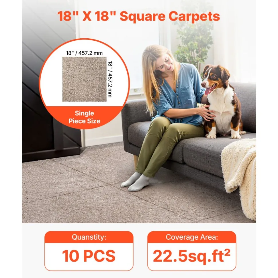 VEVOR Carpet Tiles 18x18 inch, 10 Pack Carpet Square Rug Detachable & Damage-free, Self Adhesive Home Floor Soft Plush Padded for 22.5sq.ft Coverage, Easy DIY for Living Room & Bedroom, Light Brown