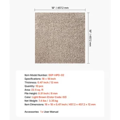 VEVOR Carpet Tiles 18x18 inch, 10 Pack Carpet Square Rug Detachable & Damage-free, Self Adhesive Home Floor Soft Plush Padded for 22.5sq.ft Coverage, Easy DIY for Living Room & Bedroom, Light Brown