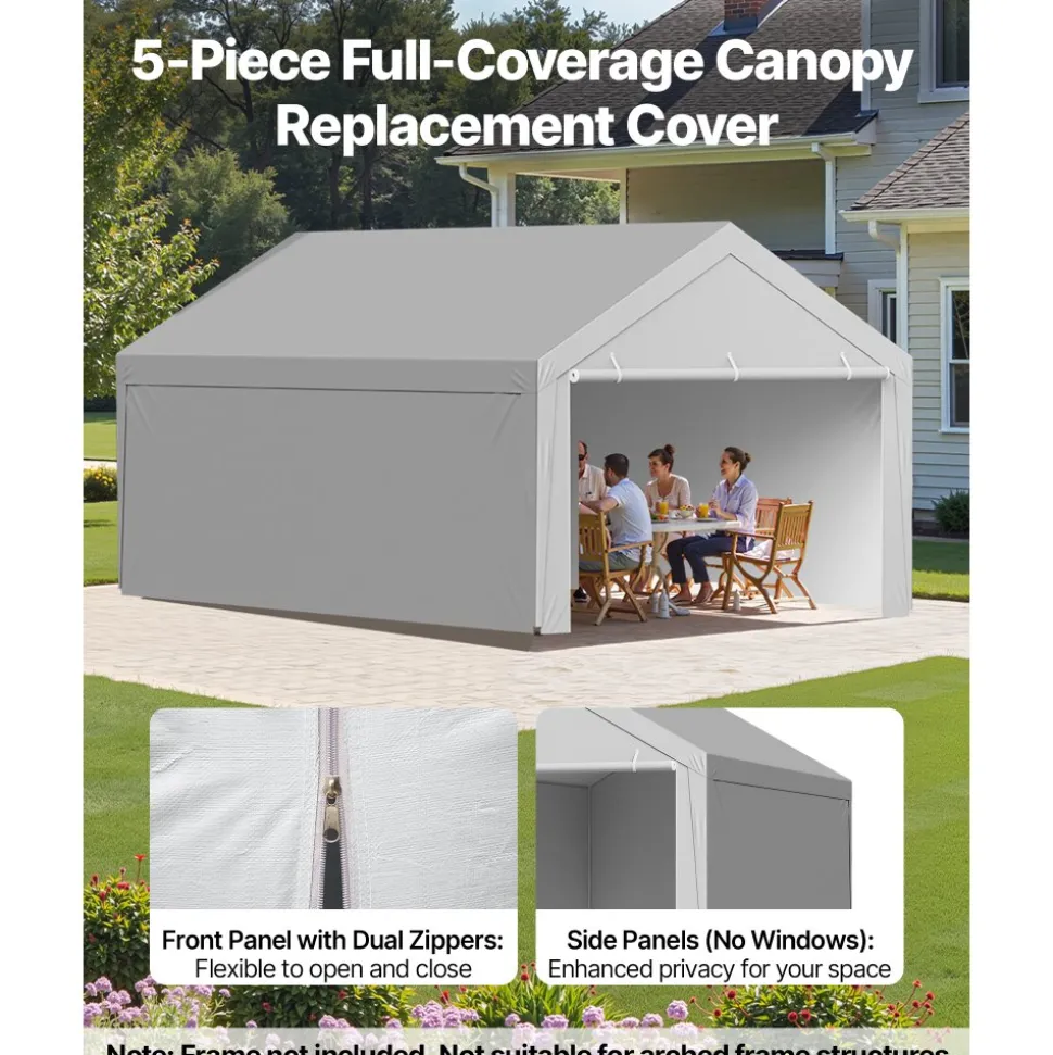 VEVOR Carport Replacement Canopy, 20 x 20 ft Potable Garage Tent Top Tarp with Sidewalls, UV-Resistant & Waterproof, Heavy Duty Car Shelter Tarp with Ball Buggees, Grey, Frame Not Included