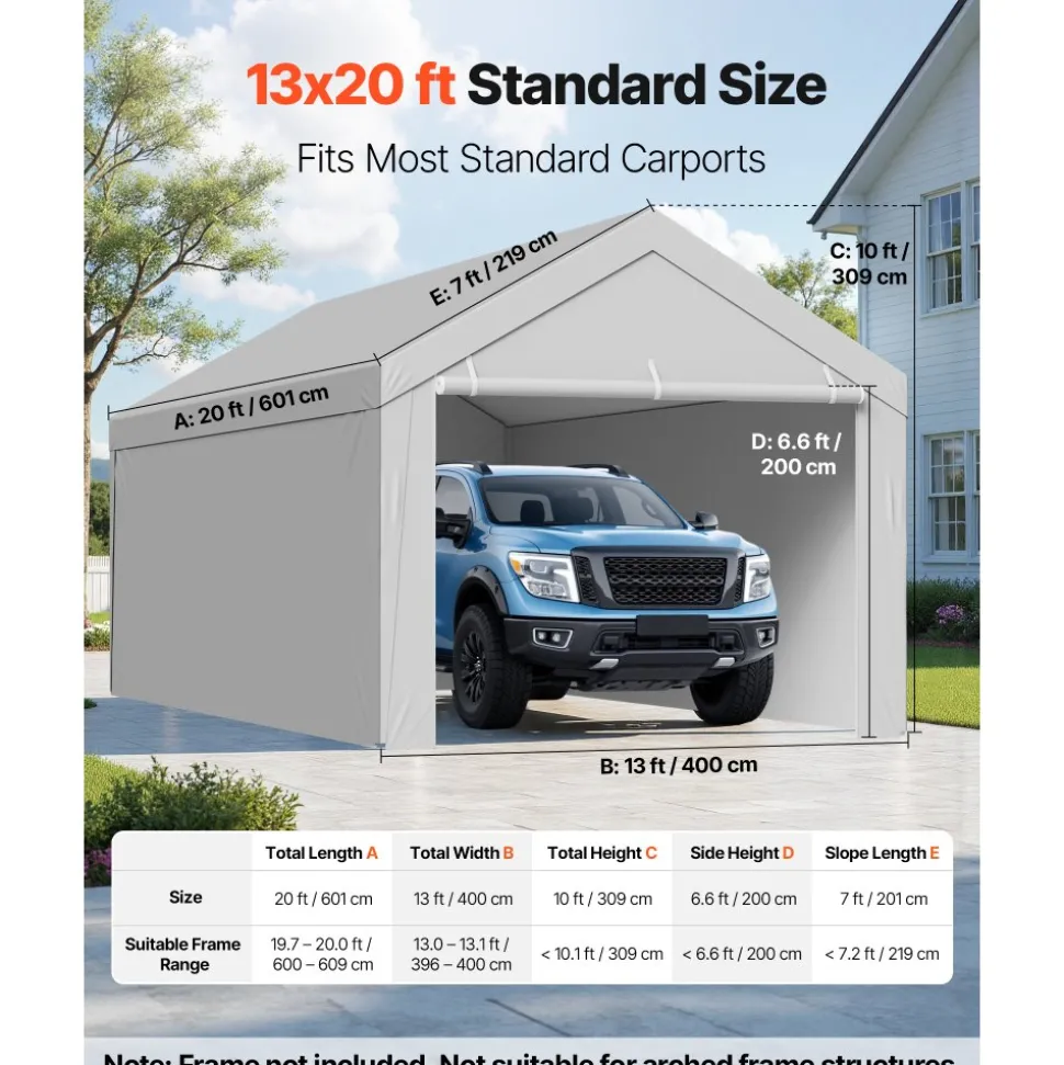 VEVOR Carport Replacement Canopy, 20 x 20 ft Potable Garage Tent Top Tarp with Sidewalls, UV-Resistant & Waterproof, Heavy Duty Car Shelter Tarp with Ball Buggees, Grey, Frame Not Included