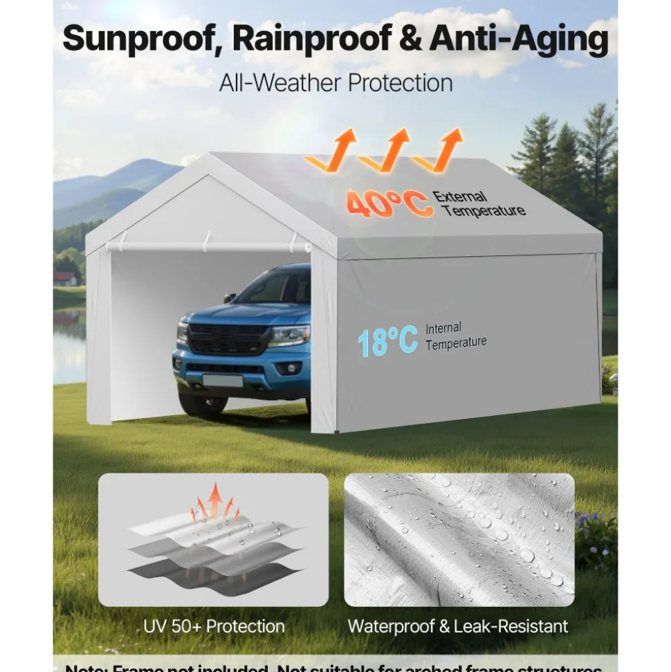 VEVOR Carport Replacement Canopy, 20 x 20 ft Potable Garage Tent Top Tarp with Sidewalls, UV-Resistant & Waterproof, Heavy Duty Car Shelter Tarp with Ball Buggees, Grey, Frame Not Included