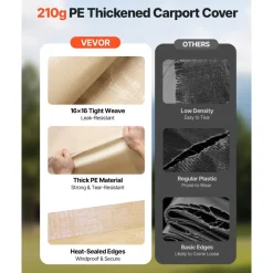 VEVOR Carport Replacement Canopy, 10 x 20 ft Potable Garage Tent Top Tarp with Sidewalls, UV-Resistant & Waterproof, Heavy Duty Car Shelter Tarp with Ball Buggees, Beige, Frame Not Included