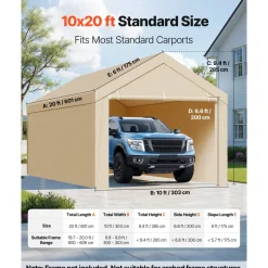 VEVOR Carport Replacement Canopy, 10 x 20 ft Potable Garage Tent Top Tarp with Sidewalls, UV-Resistant & Waterproof, Heavy Duty Car Shelter Tarp with Ball Buggees, Beige, Frame Not Included