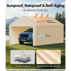 VEVOR Carport Replacement Canopy, 10 x 20 ft Potable Garage Tent Top Tarp with Sidewalls, UV-Resistant & Waterproof, Heavy Duty Car Shelter Tarp with Ball Buggees, Beige, Frame Not Included