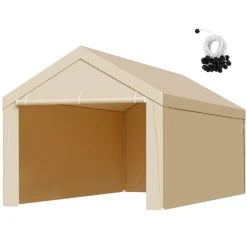 VEVOR Carport Replacement Canopy, 10 x 20 ft Potable Garage Tent Top Tarp with Sidewalls, UV-Resistant & Waterproof, Heavy Duty Car Shelter Tarp with Ball Buggees, Beige, Frame Not Included