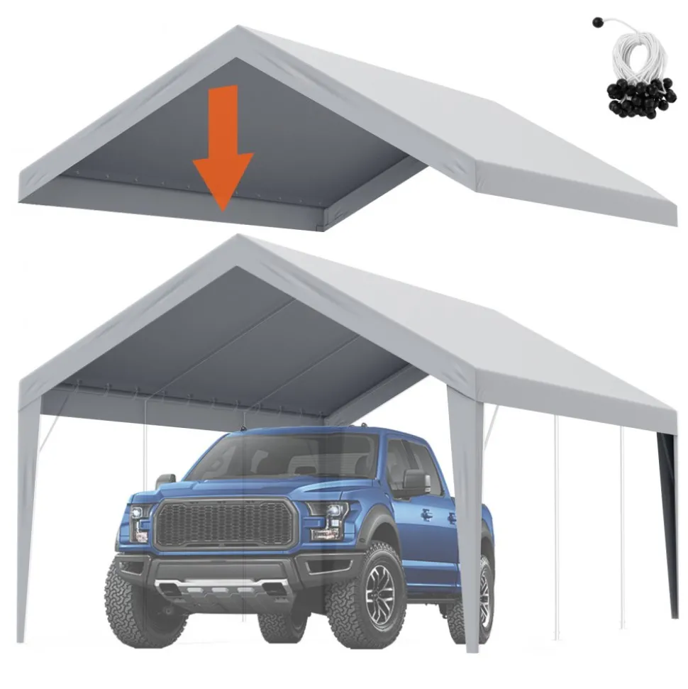 VEVOR Carport Replacement Canopy Cover 12 x 20 ft, Garage Top Tent Shelter Tarp Heavy-Duty Waterproof & UV Protected, Easy Installation with Ball Bungees,Grey (Only Top Cover, Frame Not Include)