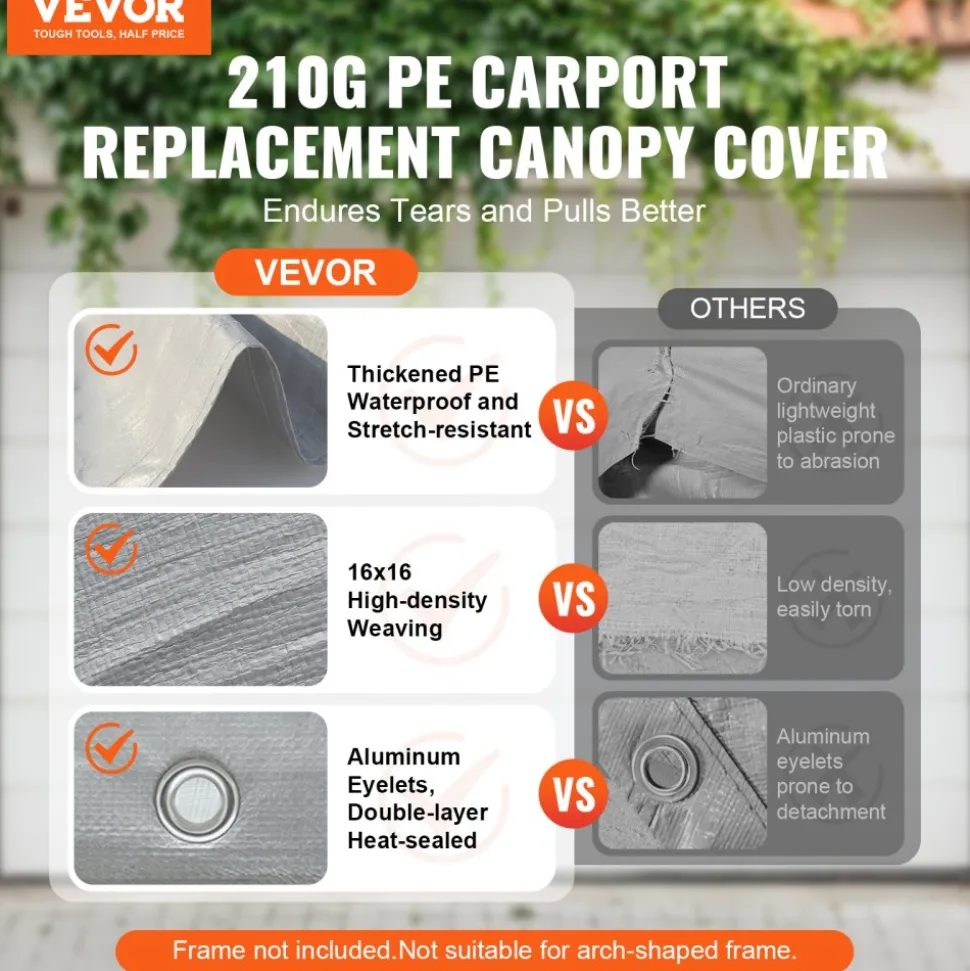 VEVOR Carport Replacement Canopy Cover 12 x 20 ft, Garage Top Tent Shelter Tarp Heavy-Duty Waterproof & UV Protected, Easy Installation with Ball Bungees,Grey (Only Top Cover, Frame Not Include)