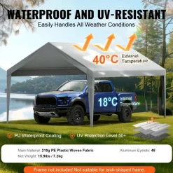 VEVOR Carport Replacement Canopy Cover 12 x 20 ft, Garage Top Tent Shelter Tarp Heavy-Duty Waterproof & UV Protected, Easy Installation with Ball Bungees,Grey (Only Top Cover, Frame Not Include)
