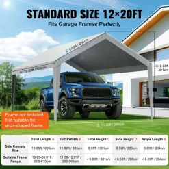 VEVOR Carport Replacement Canopy Cover 12 x 20 ft, Garage Top Tent Shelter Tarp Heavy-Duty Waterproof & UV Protected, Easy Installation with Ball Bungees,Grey (Only Top Cover, Frame Not Include)