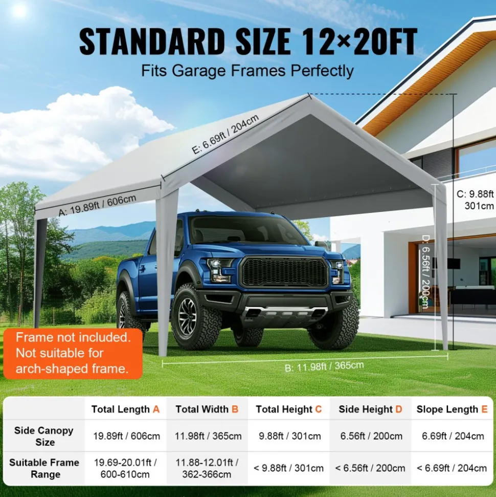 VEVOR Carport Replacement Canopy Cover 12 x 20 ft, Garage Top Tent Shelter Tarp Heavy-Duty Waterproof & UV Protected, Easy Installation with Ball Bungees,Grey (Only Top Cover, Frame Not Include)