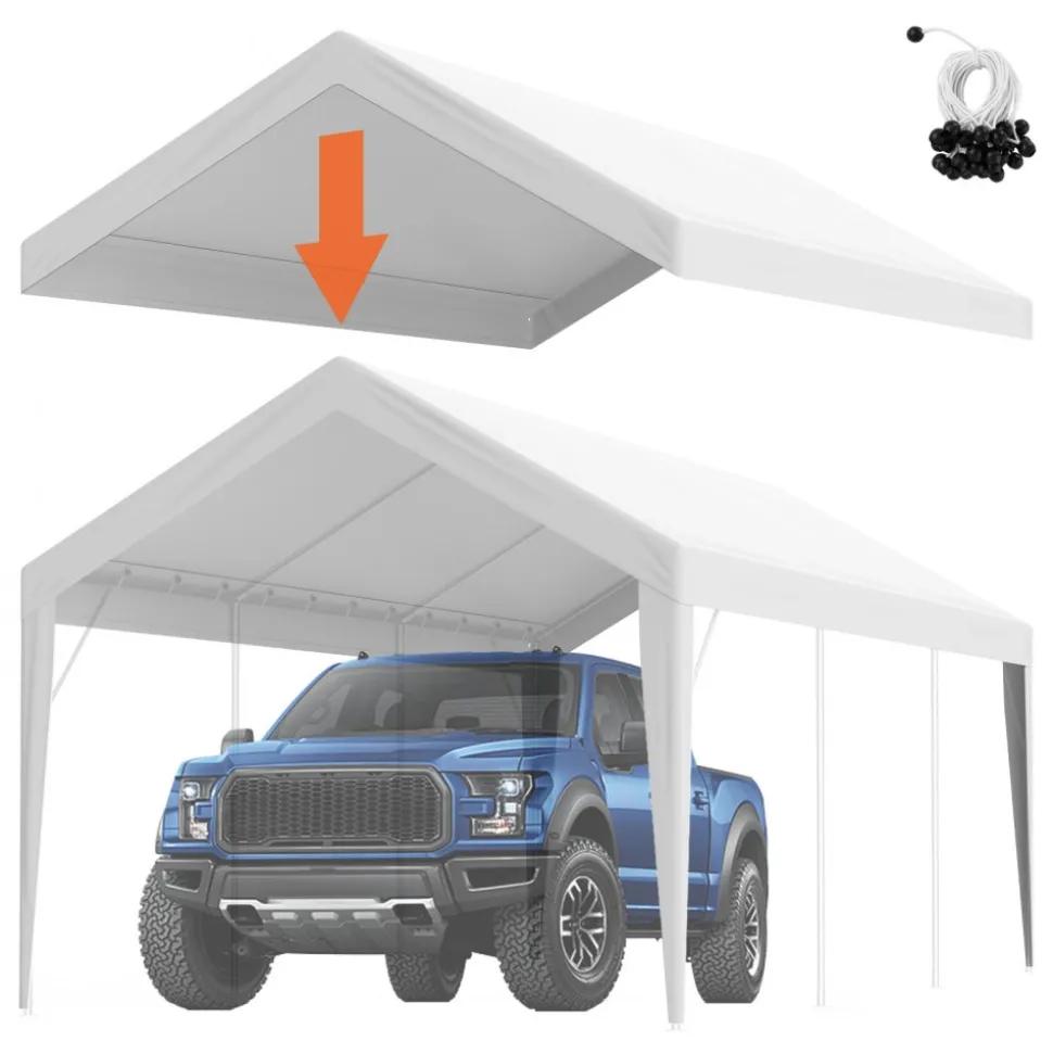 VEVOR Carport Replacement Canopy Cover 10 x 20 ft, Garage Top Tent Shelter Tarp Heavy-Duty Waterproof & UV Protected, Easy Installation with Ball Bungees,White (Only Top Cover, Frame Not Include)