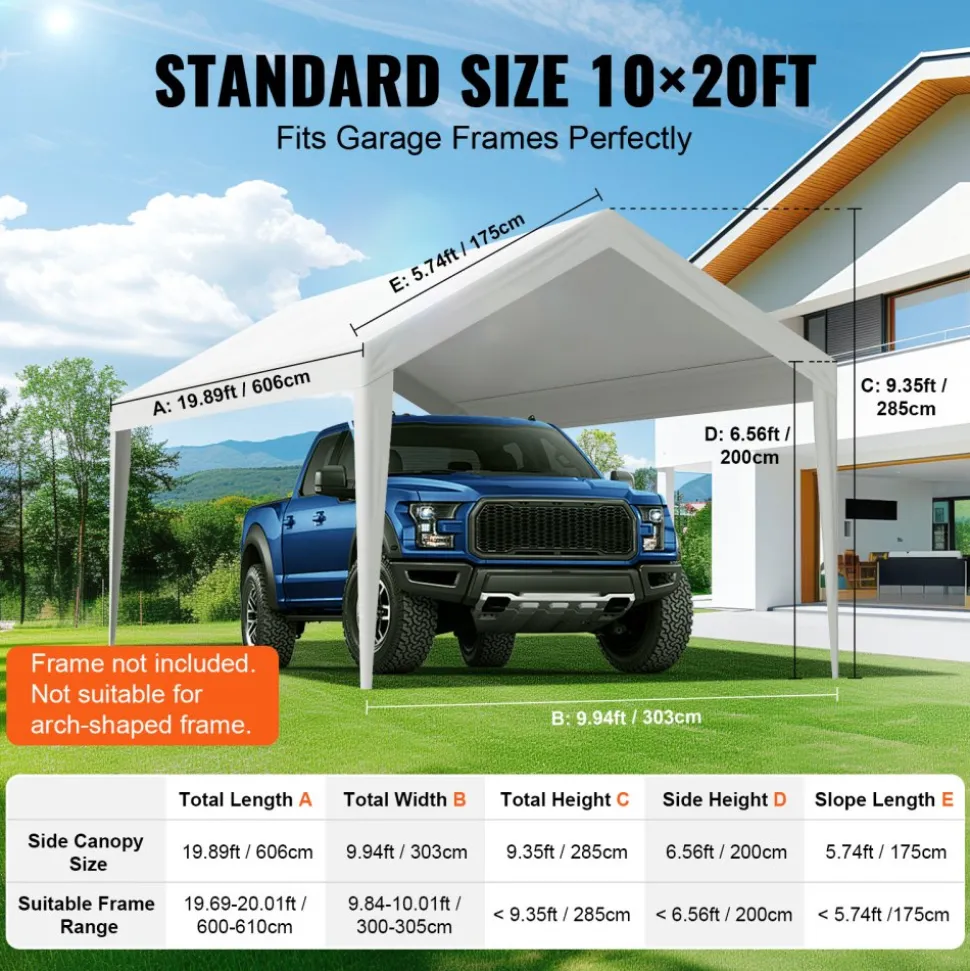 VEVOR Carport Replacement Canopy Cover 10 x 20 ft, Garage Top Tent Shelter Tarp Heavy-Duty Waterproof & UV Protected, Easy Installation with Ball Bungees,White (Only Top Cover, Frame Not Include)