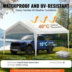 VEVOR Carport Replacement Canopy Cover 10 x 20 ft, Garage Top Tent Shelter Tarp Heavy-Duty Waterproof & UV Protected, Easy Installation with Ball Bungees,White (Only Top Cover, Frame Not Include)