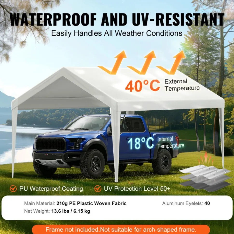 VEVOR Carport Replacement Canopy Cover 10 x 20 ft, Garage Top Tent Shelter Tarp Heavy-Duty Waterproof & UV Protected, Easy Installation with Ball Bungees,White (Only Top Cover, Frame Not Include)