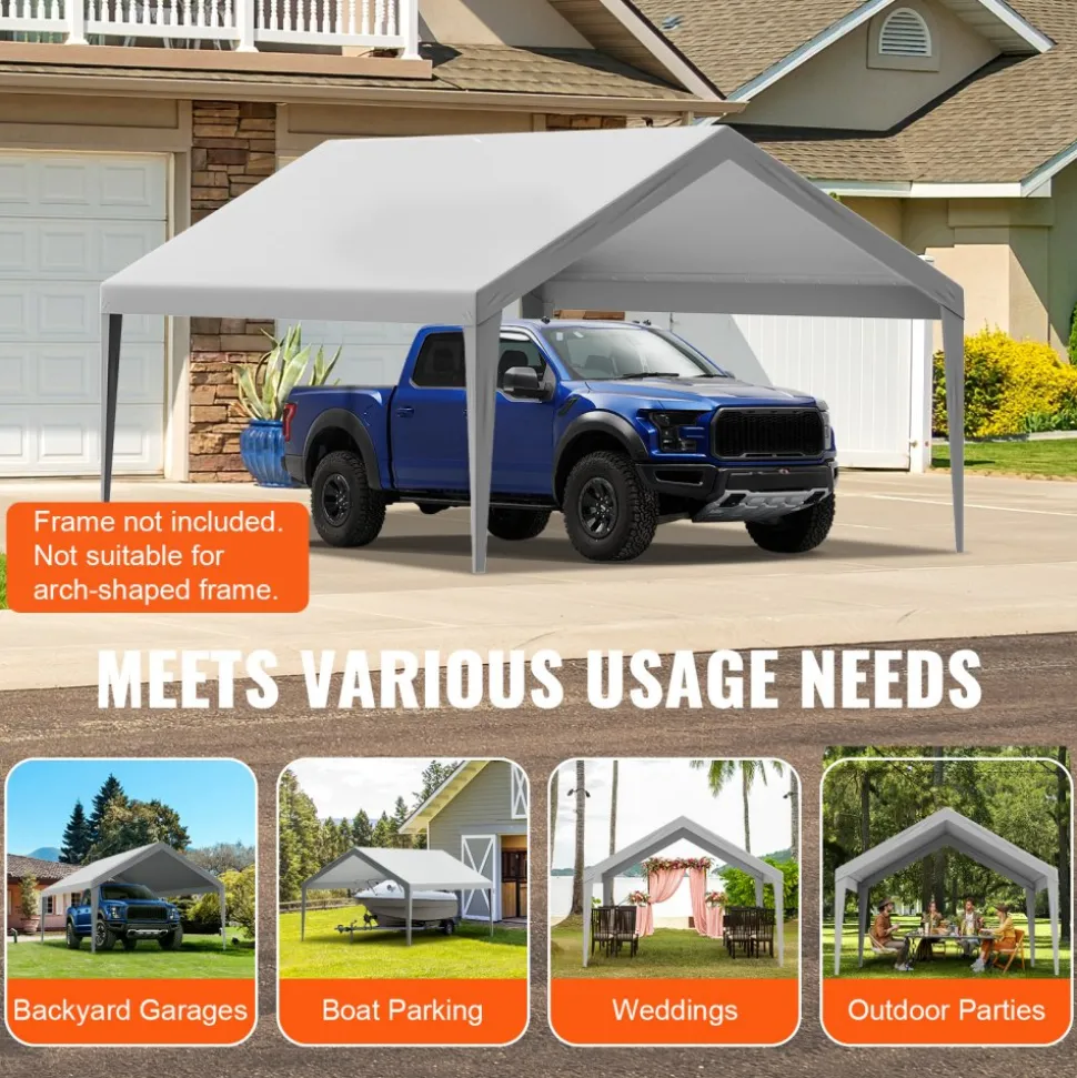 VEVOR Carport Replacement Canopy Cover 13 x 20 ft, Garage Top Tent Shelter Tarp Heavy-Duty Waterproof & UV Protected, Easy Installation with Ball Bungees,Grey (Only Top Cover, Frame Not Include)