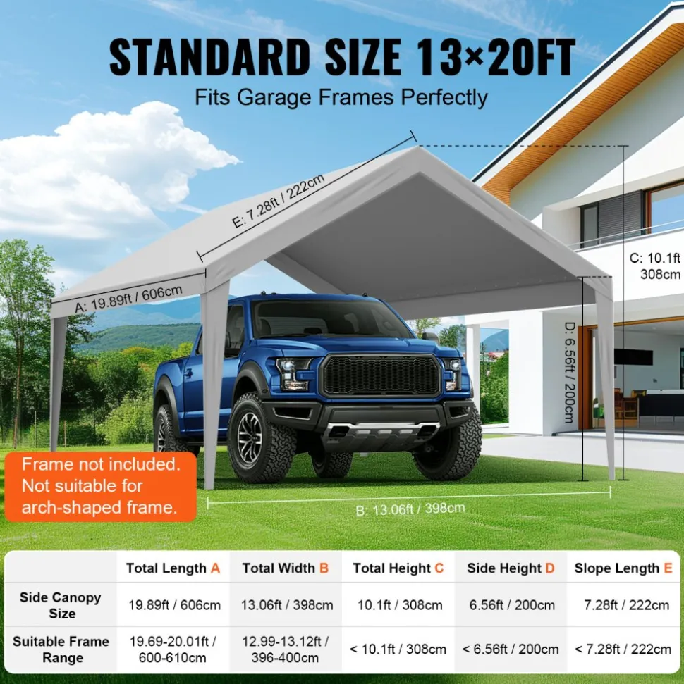 VEVOR Carport Replacement Canopy Cover 13 x 20 ft, Garage Top Tent Shelter Tarp Heavy-Duty Waterproof & UV Protected, Easy Installation with Ball Bungees,Grey (Only Top Cover, Frame Not Include)
