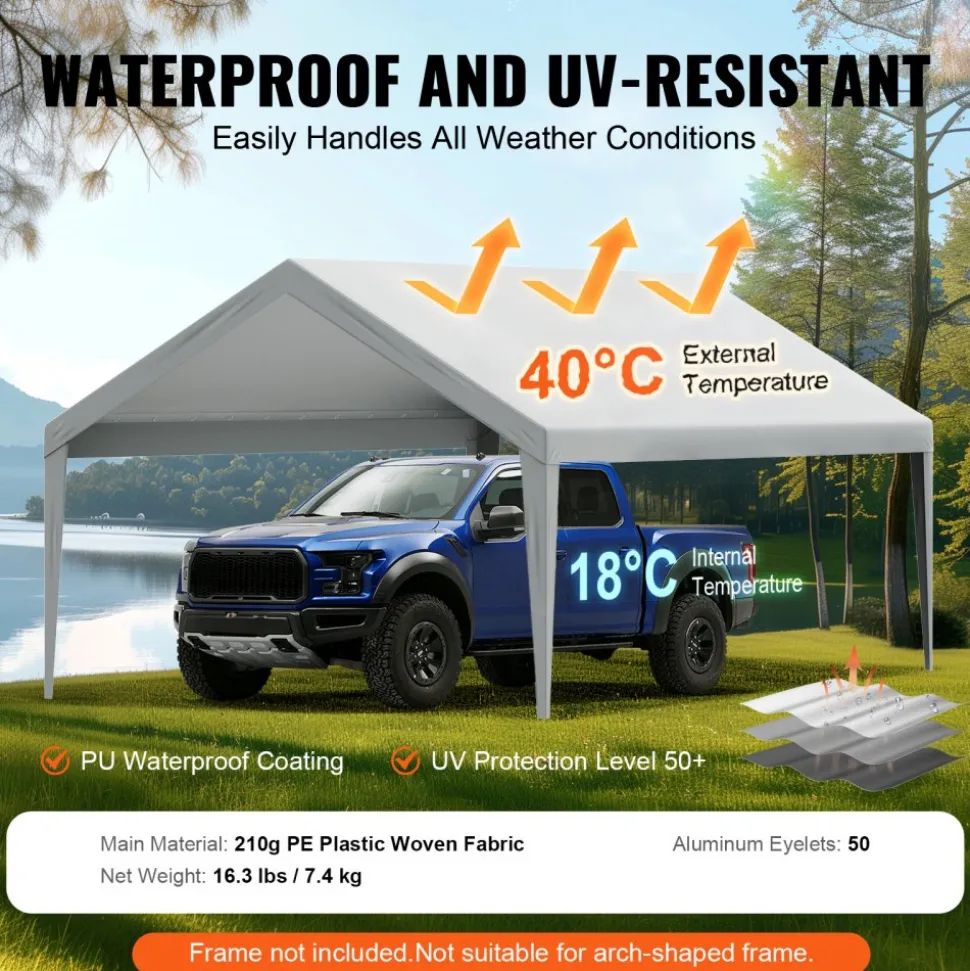 VEVOR Carport Replacement Canopy Cover 13 x 20 ft, Garage Top Tent Shelter Tarp Heavy-Duty Waterproof & UV Protected, Easy Installation with Ball Bungees,Grey (Only Top Cover, Frame Not Include)
