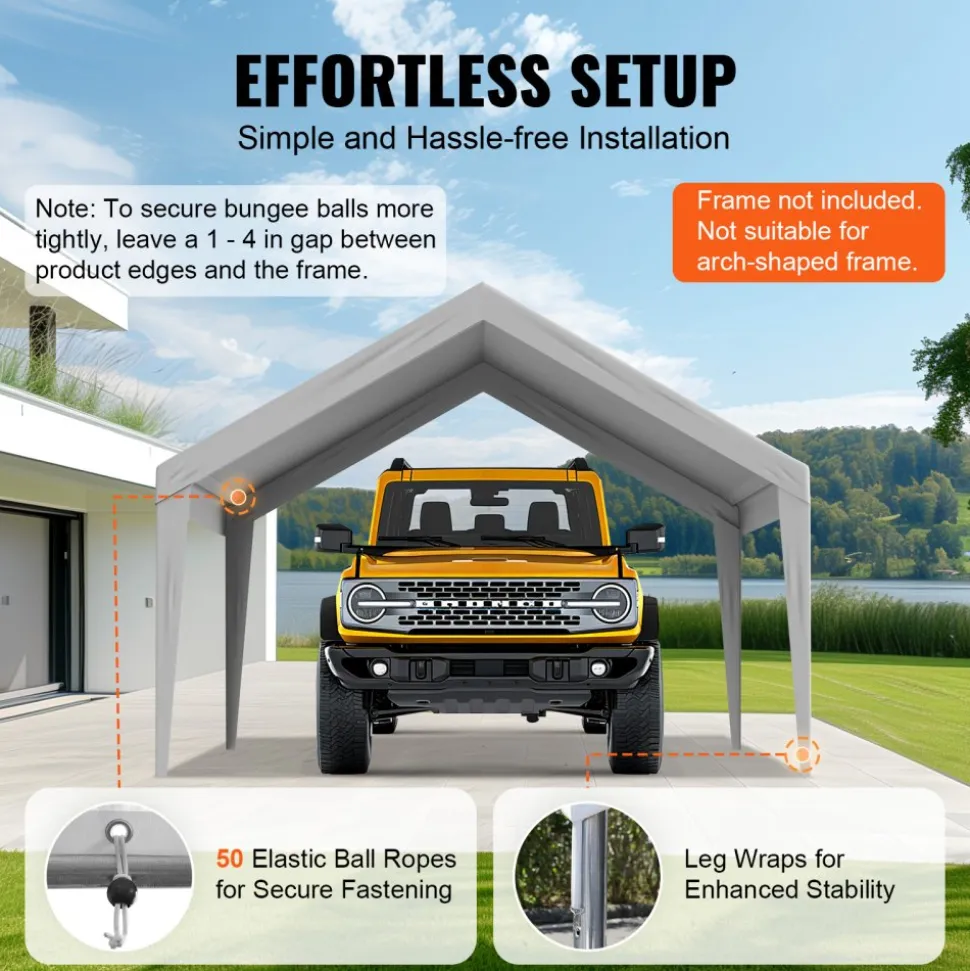 VEVOR Carport Replacement Canopy Cover 13 x 20 ft, Garage Top Tent Shelter Tarp Heavy-Duty Waterproof & UV Protected, Easy Installation with Ball Bungees,Grey (Only Top Cover, Frame Not Include)