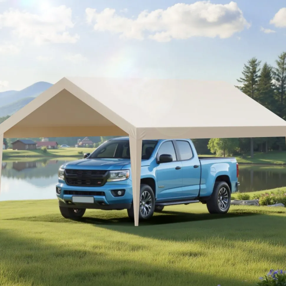 VEVOR Carport Replacement Canopy, 12 x 20 ft Potable Garage Tent Top Tarp, UV-Resistant & Waterproof Car Shelter Tarp, Heavy Duty Car Port Cover with Ball Buggees, Beige, Frame Not Included