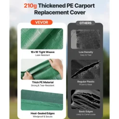 VEVOR Carport Replacement Canopy, 10 x 20 ft Potable Garage Tent Top Tarp, UV-Resistant & Waterproof Car Shelter Tarp, Heavy Duty Car Port Cover with Ball Buggees, Dark Green, Frame Not Included
