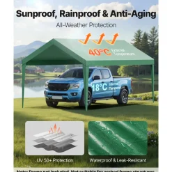 VEVOR Carport Replacement Canopy, 10 x 20 ft Potable Garage Tent Top Tarp, UV-Resistant & Waterproof Car Shelter Tarp, Heavy Duty Car Port Cover with Ball Buggees, Dark Green, Frame Not Included