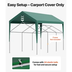 VEVOR Carport Replacement Canopy, 10 x 20 ft Potable Garage Tent Top Tarp, UV-Resistant & Waterproof Car Shelter Tarp, Heavy Duty Car Port Cover with Ball Buggees, Dark Green, Frame Not Included