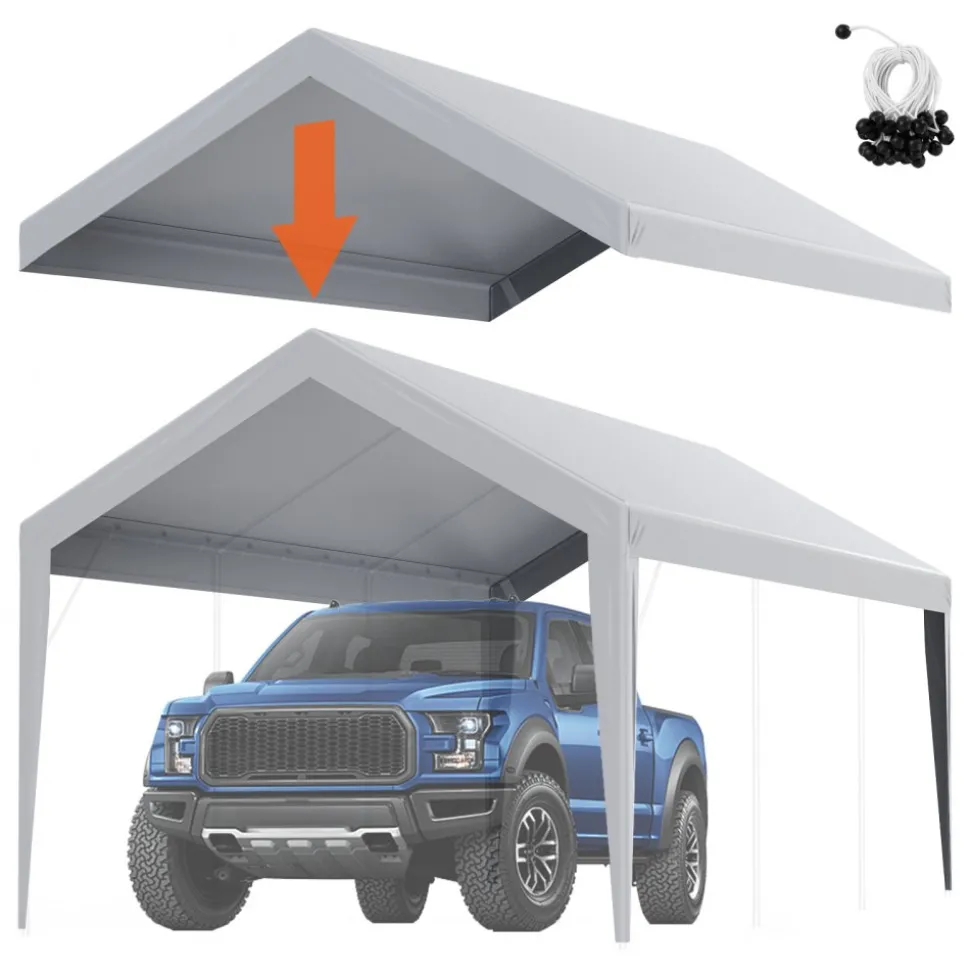 VEVOR Carport Replacement Canopy Cover 10 x 20 ft, Garage Top Tent Shelter Tarp Heavy-Duty Waterproof & UV Protected, Easy Installation with Ball Bungees,Grey (Only Top Cover, Frame Not Include)