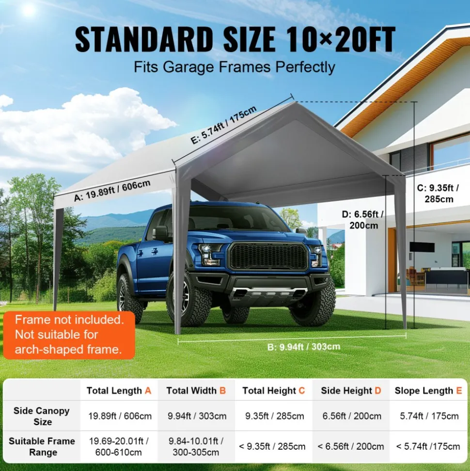 VEVOR Carport Replacement Canopy Cover 10 x 20 ft, Garage Top Tent Shelter Tarp Heavy-Duty Waterproof & UV Protected, Easy Installation with Ball Bungees,Grey (Only Top Cover, Frame Not Include)
