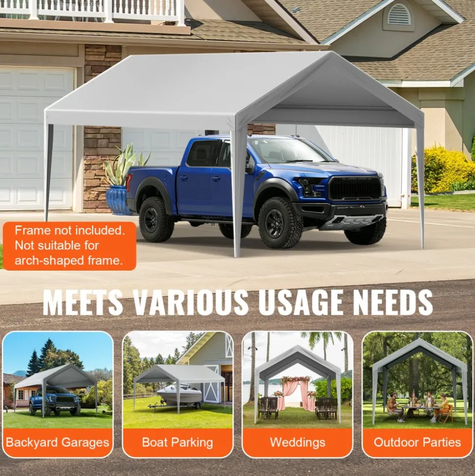 VEVOR Carport Replacement Canopy Cover 10 x 20 ft, Garage Top Tent Shelter Tarp Heavy-Duty Waterproof & UV Protected, Easy Installation with Ball Bungees,Grey (Only Top Cover, Frame Not Include)