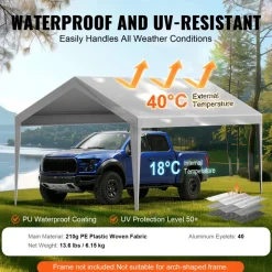 VEVOR Carport Replacement Canopy Cover 10 x 20 ft, Garage Top Tent Shelter Tarp Heavy-Duty Waterproof & UV Protected, Easy Installation with Ball Bungees,Grey (Only Top Cover, Frame Not Include)
