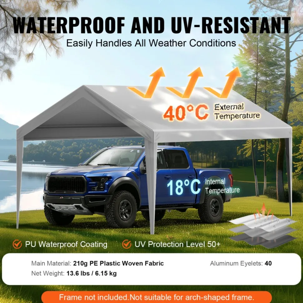 VEVOR Carport Replacement Canopy Cover 10 x 20 ft, Garage Top Tent Shelter Tarp Heavy-Duty Waterproof & UV Protected, Easy Installation with Ball Bungees,Grey (Only Top Cover, Frame Not Include)
