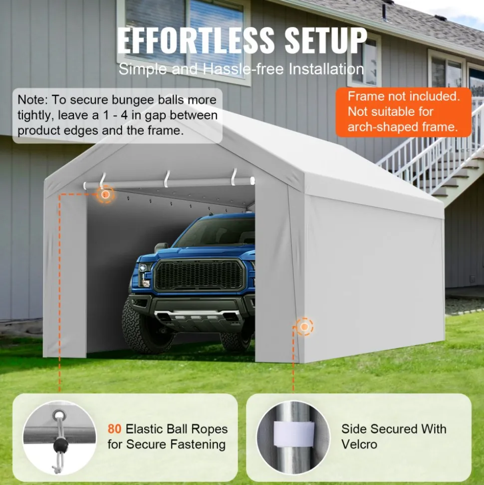 VEVOR Carport Replacement Canopy Cover Top + Side Wall 10 x 20 ft, Garage Tent Shelter Tarp Heavy-Duty Waterproof & UV Protected, Easy Installation with Ball Bungees,Grey (Frame Not Included)