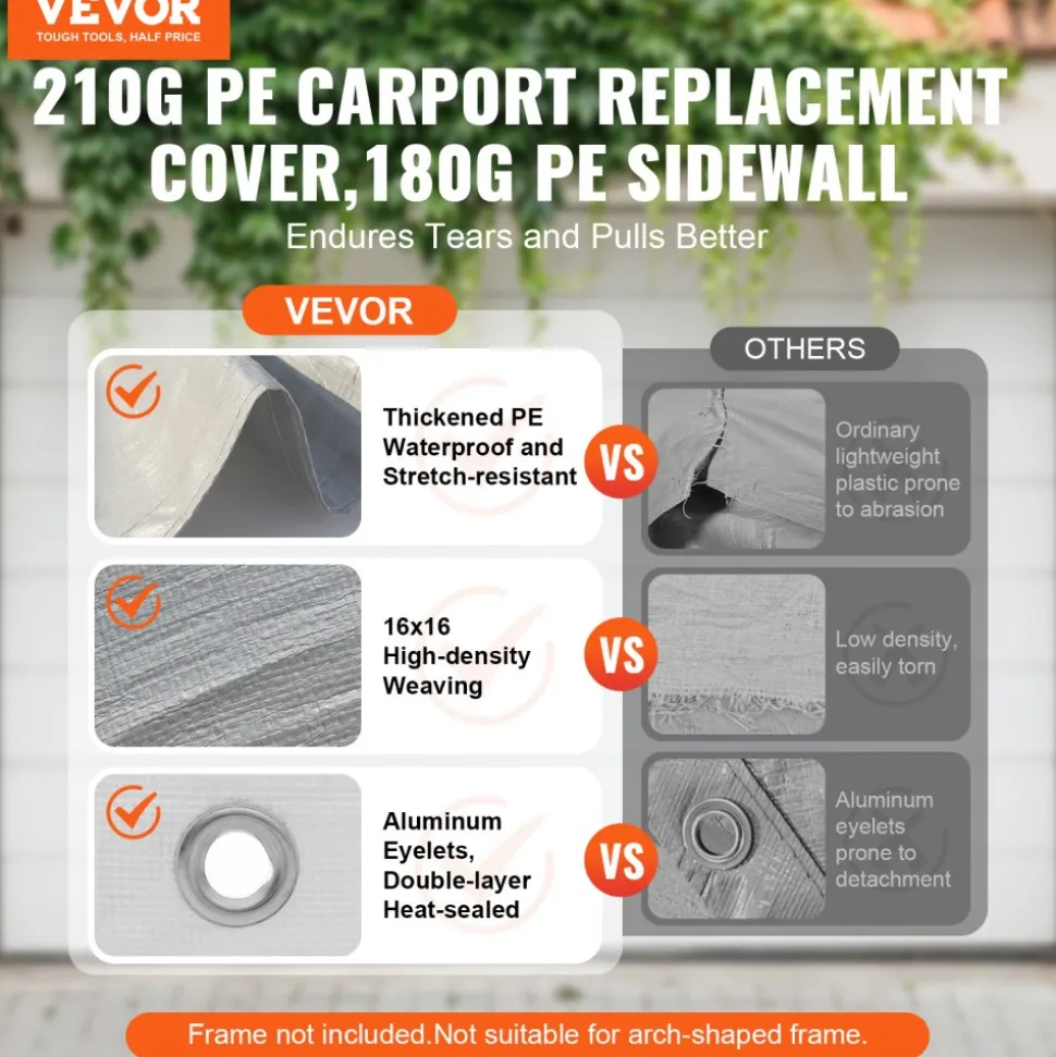 VEVOR Carport Replacement Canopy Cover Top + Side Wall 10 x 20 ft, Garage Tent Shelter Tarp Heavy-Duty Waterproof & UV Protected, Easy Installation with Ball Bungees,Grey (Frame Not Included)
