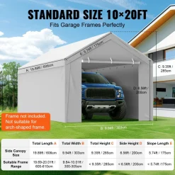 VEVOR Carport Replacement Canopy Cover Top + Side Wall 10 x 20 ft, Garage Tent Shelter Tarp Heavy-Duty Waterproof & UV Protected, Easy Installation with Ball Bungees,Grey (Frame Not Included)