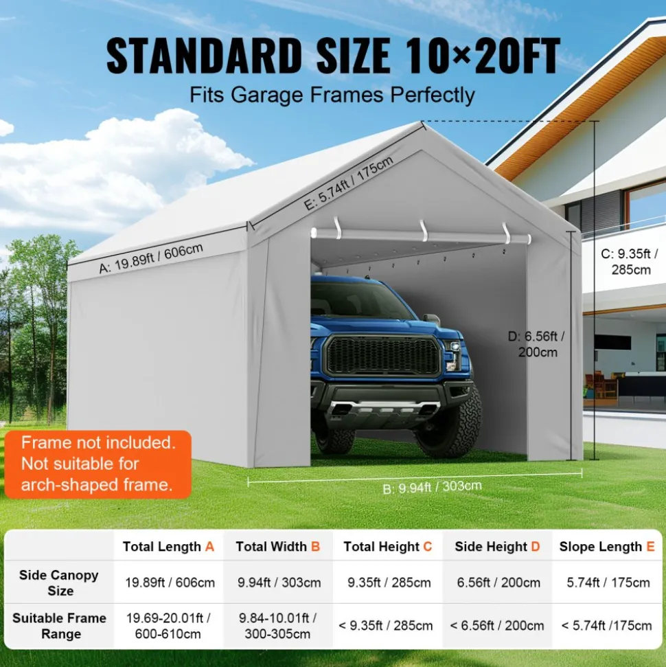 VEVOR Carport Replacement Canopy Cover Top + Side Wall 10 x 20 ft, Garage Tent Shelter Tarp Heavy-Duty Waterproof & UV Protected, Easy Installation with Ball Bungees,Grey (Frame Not Included)