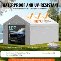 VEVOR Carport Replacement Canopy Cover Top + Side Wall 10 x 20 ft, Garage Tent Shelter Tarp Heavy-Duty Waterproof & UV Protected, Easy Installation with Ball Bungees,Grey (Frame Not Included)