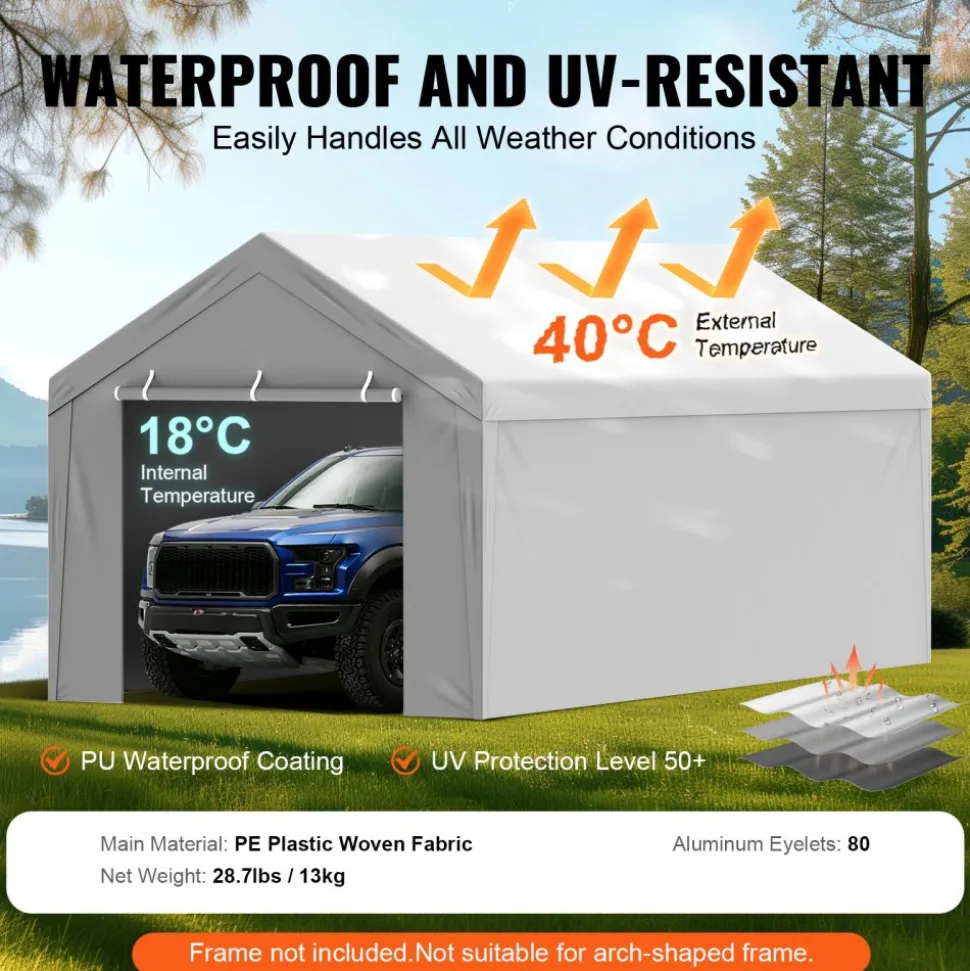 VEVOR Carport Replacement Canopy Cover Top + Side Wall 10 x 20 ft, Garage Tent Shelter Tarp Heavy-Duty Waterproof & UV Protected, Easy Installation with Ball Bungees,Grey (Frame Not Included)