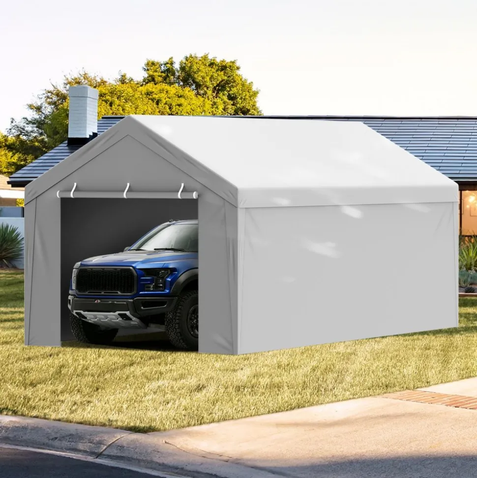 VEVOR Carport Replacement Canopy Cover Top + Side Wall 10 x 20 ft, Garage Tent Shelter Tarp Heavy-Duty Waterproof & UV Protected, Easy Installation with Ball Bungees,Grey (Frame Not Included)
